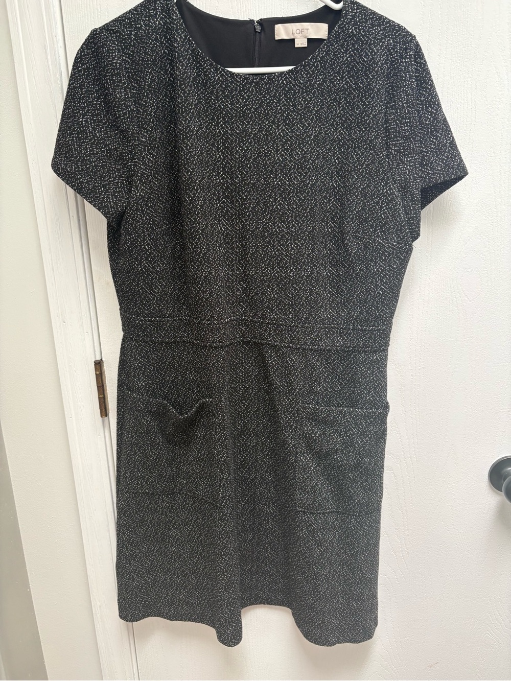 LOFT Black and White Tweed Midi Dress with front pockets
